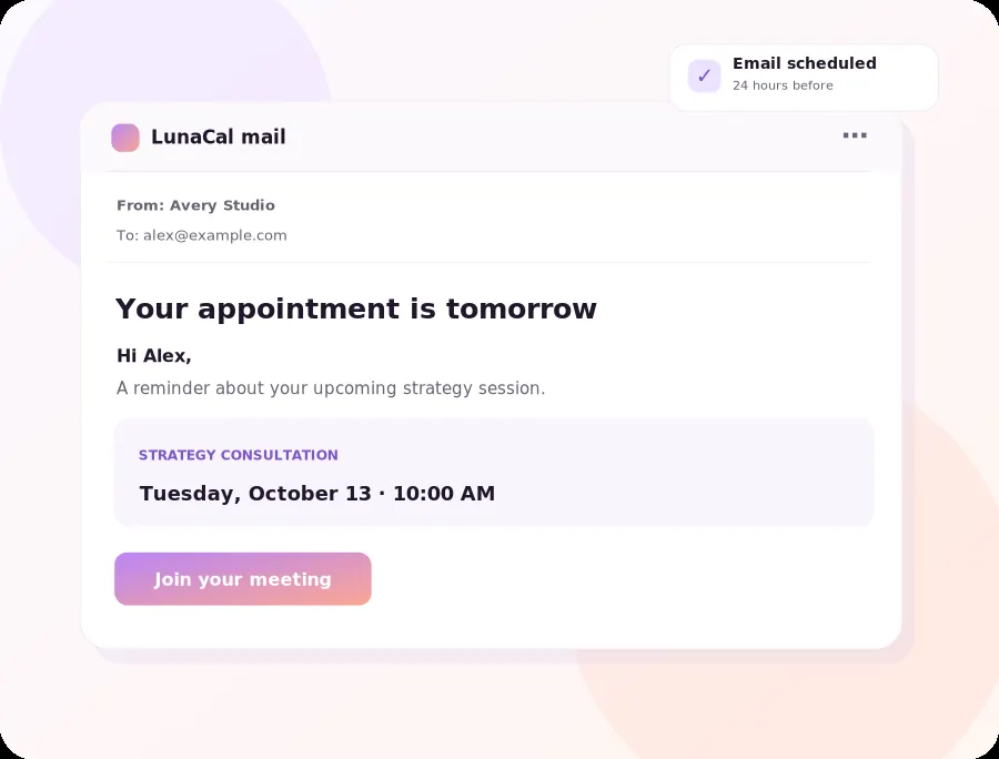 Illustration of a Lunacal email reminding a client of their upcoming strategy consultation with the date, time and meeting link.