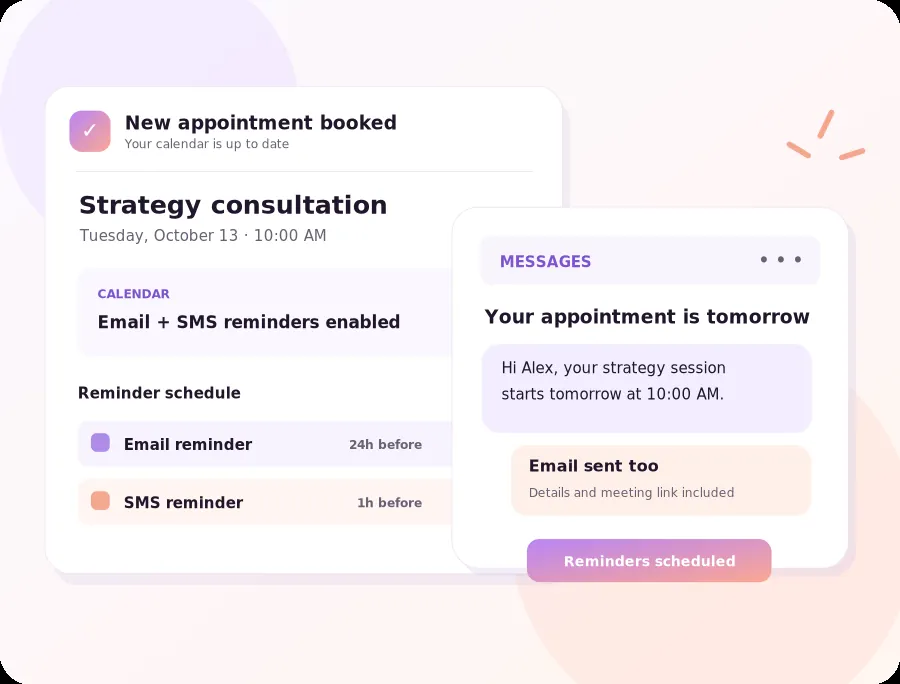 Illustration of a Lunacal appointment booking confirmation showing an email reminder 24 hours before and SMS reminder one hour before the meeting.