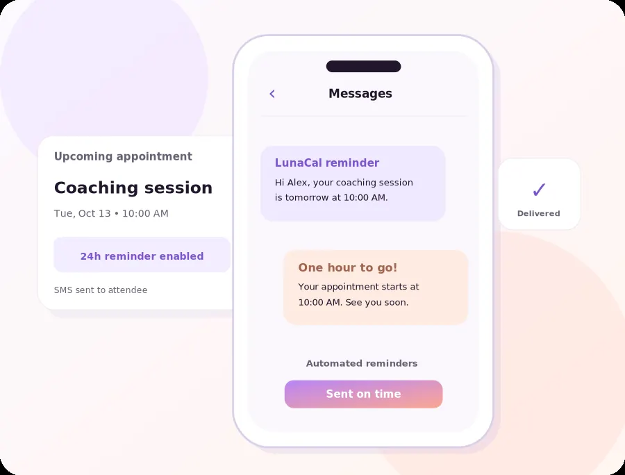 Illustration of a phone displaying automated Lunacal SMS reminders before a coaching appointment, alongside a scheduled appointment card.