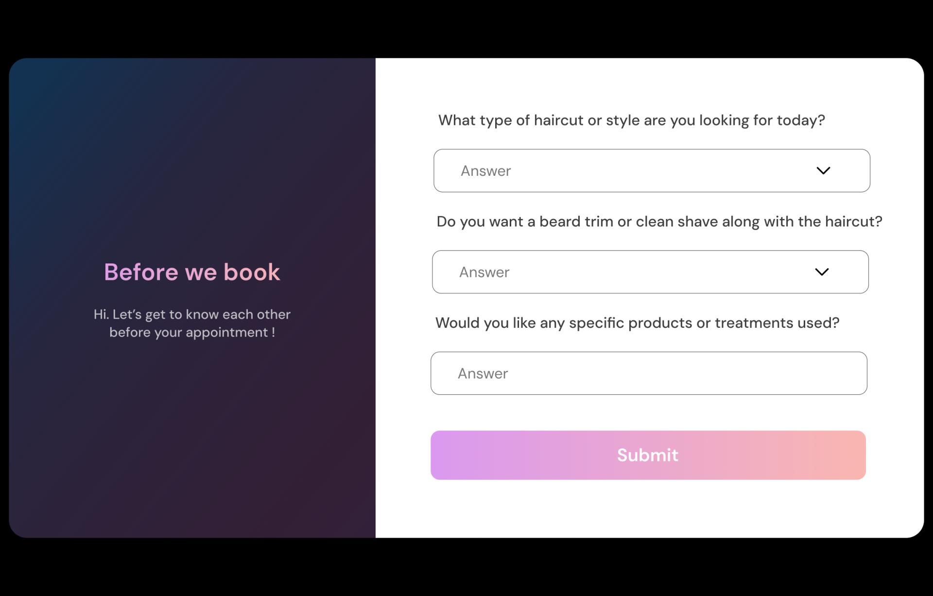 Barber Shop Salon Booking Questions