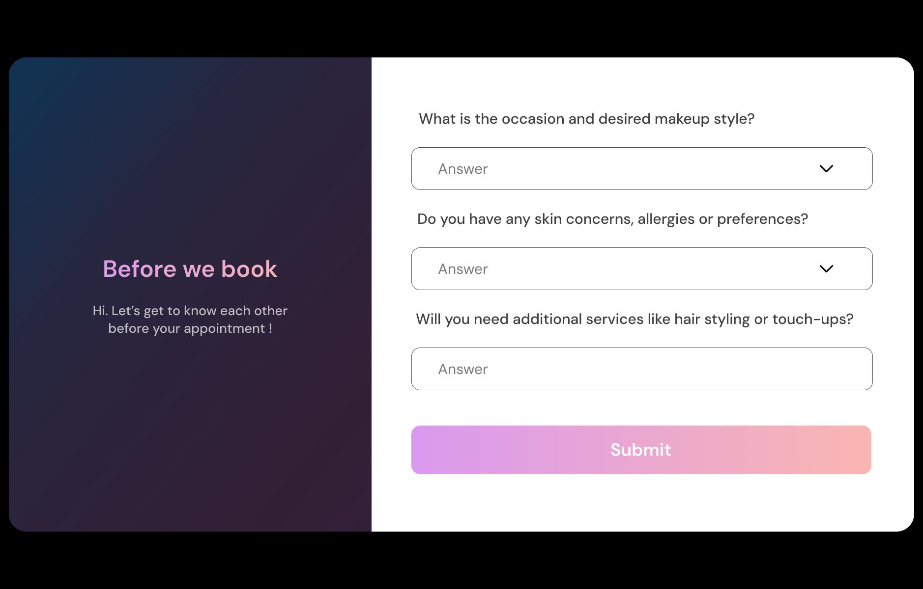 Makeup artist Booking Questions