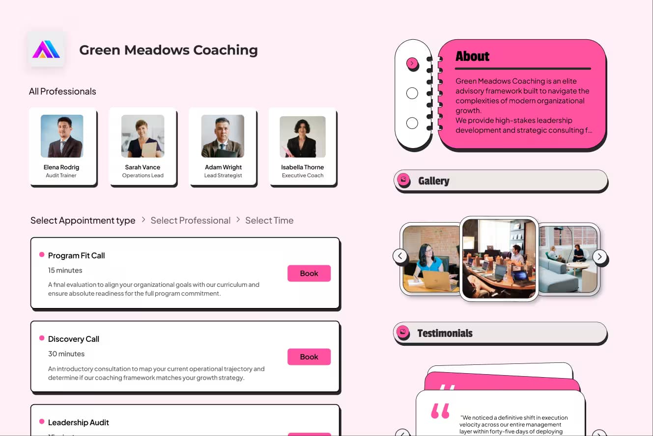 Coaching appointment booking page with beautiful design