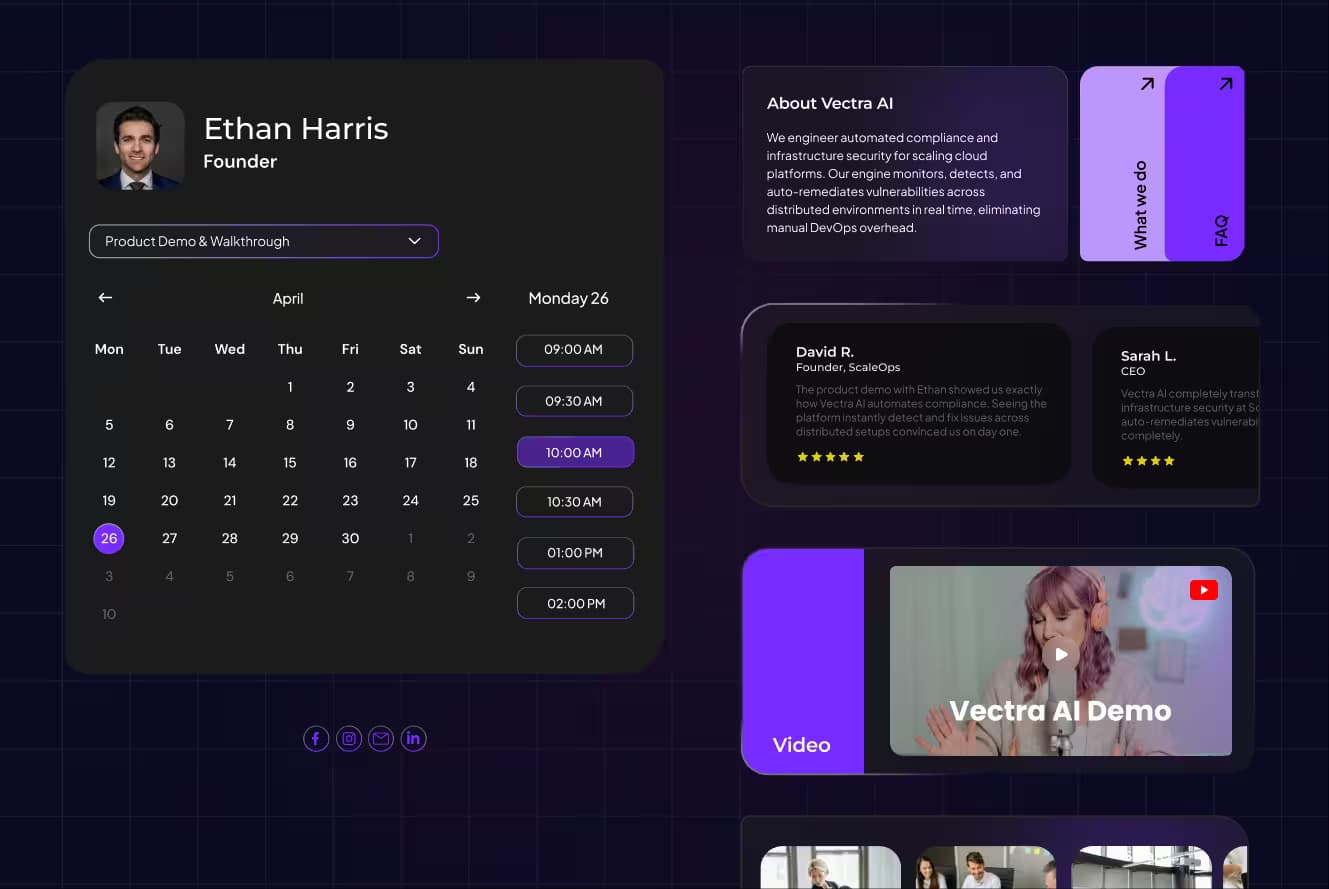 Scheduling page of a founder with calendar booking, testimonials,and company profile