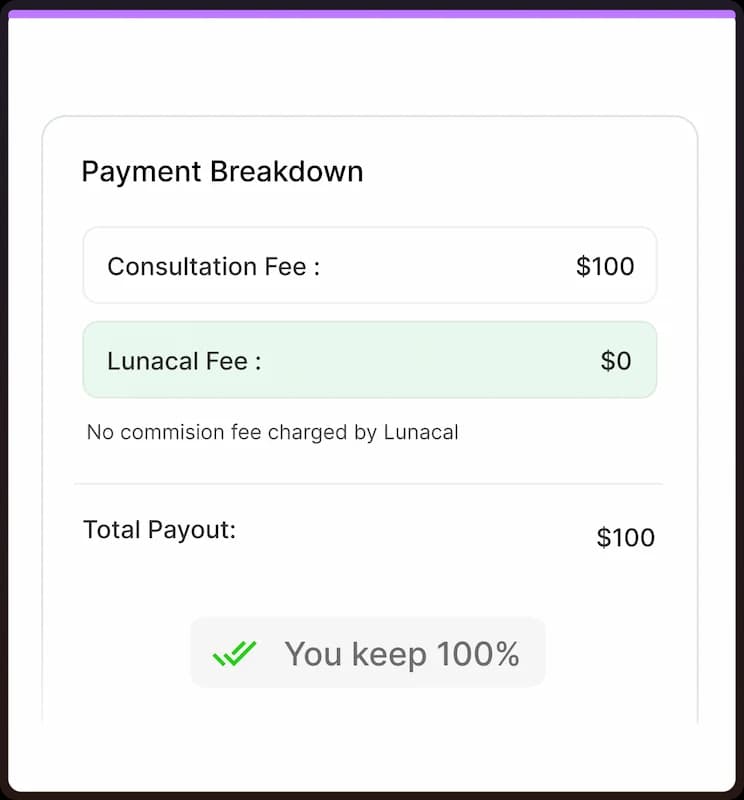 Lunacal charges 0% booking commission during payment