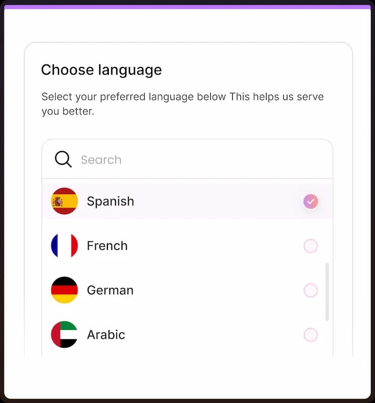 Multilingual booking page with options for English, Spanish, French, German, Arabic, and more