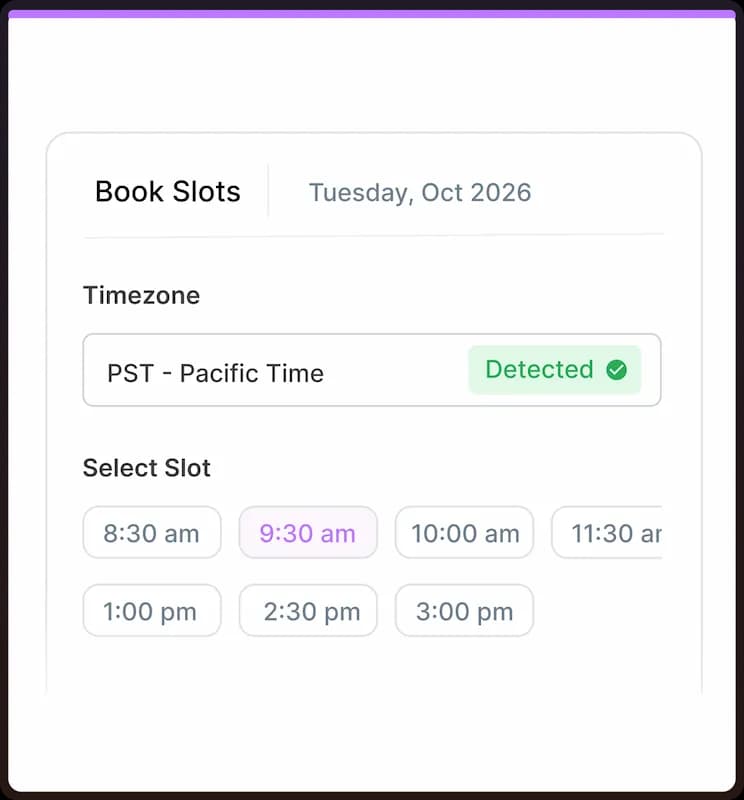 Scheduling page auto-detecting client timezone and showing local available slots