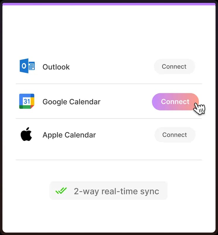 Calendar scheduling software connecting Google Calendar, Outlook, and Apple Calendar