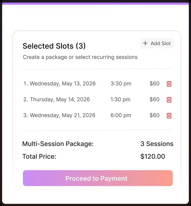 People can book multi-session packages with selected slots and upfront payment
