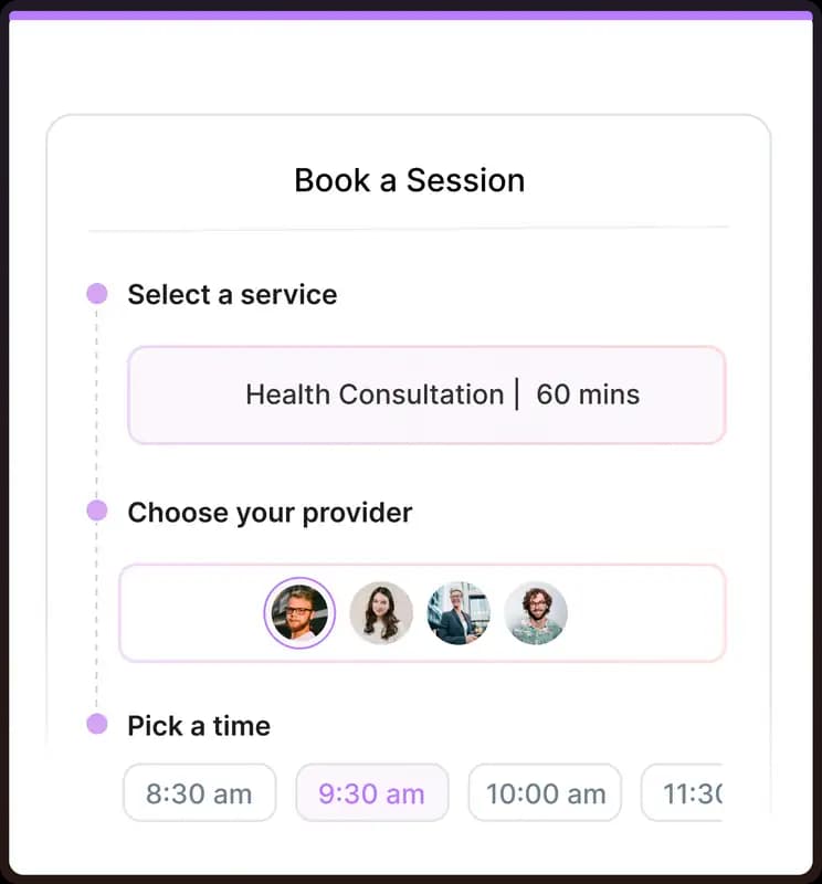 Service booking flow where clients choose a service, provider, and book time