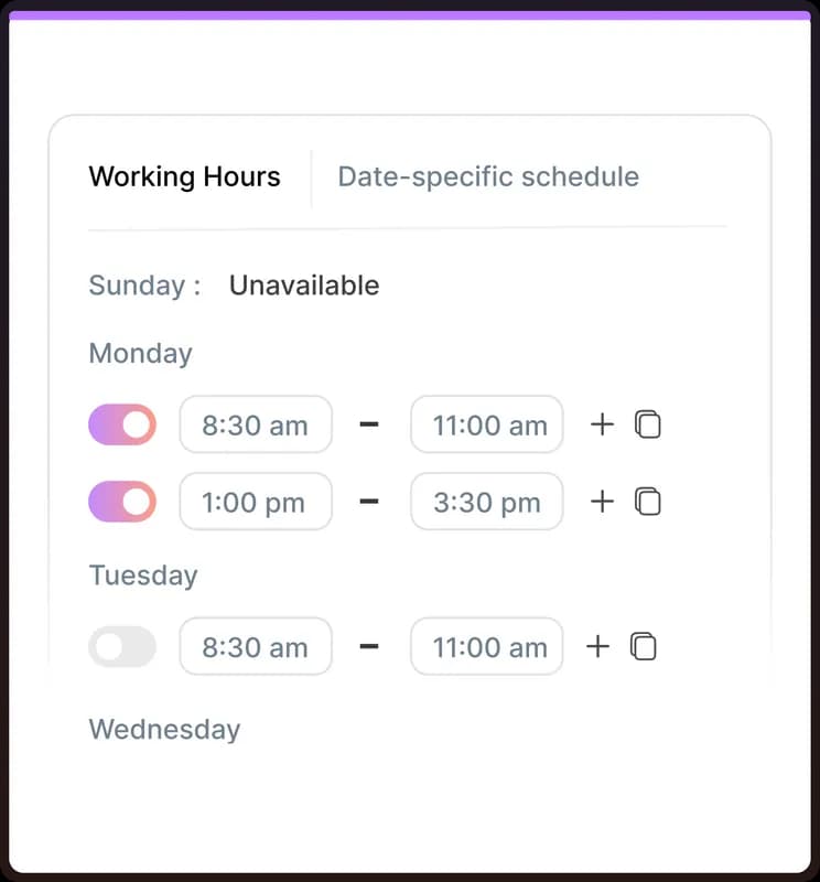 Appointment availability settings with working hours and date-specific schedules