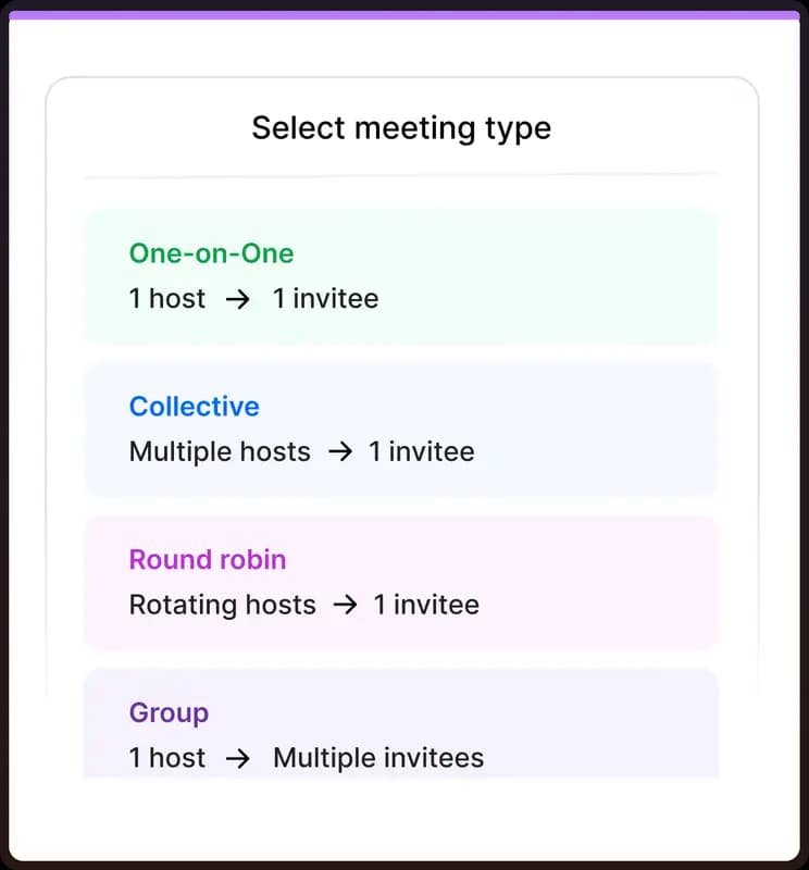 Event types for one-on-one, collective, round robin, and group bookings